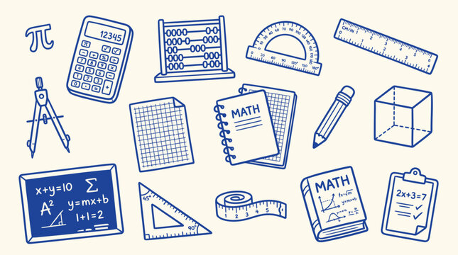 Collection of hand-drawn mathematical tools and symbols, perfect for educational or conceptual designs.