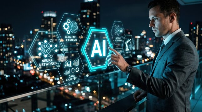 Businessman interacting with ai technology interface on a cityscape background