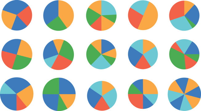 Colorful pie chart infographic icons, business analytics dashboard collection, statistical data visualization graphics, editable vector illustration bundle