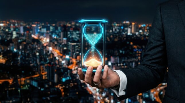 Digital transformation concept hand holding hourglass with binary code against cityscape at night