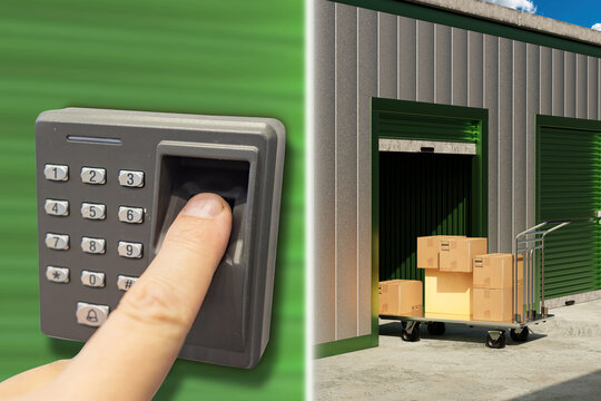 Biometric access control system for self storage facility with secure keypad entry and moving boxes at storage unit