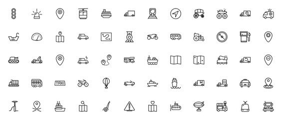 Transport icon set. Transportation vector icons. Minimal line icons set. Featuring traffic lights, sirens, cars, trucks, trains, ships, ambulances, motorcycles, buses, taxis, hot air balloons, submari © wang