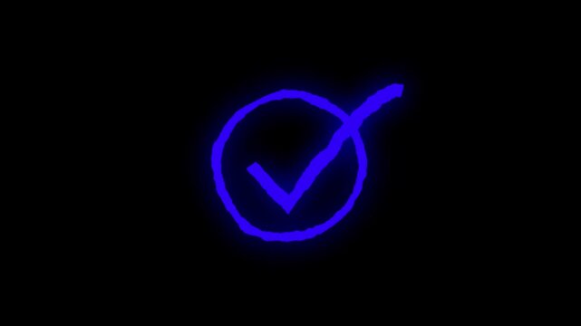 Glowing Blue Checkmark Symbol on Black Background, Verification Neon Checkmark verification symbol checkmark on black background