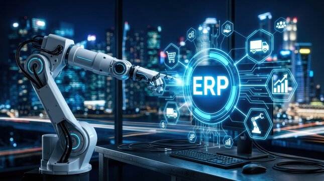 Enterprise resource planning concept with robotic arm and cityscape background