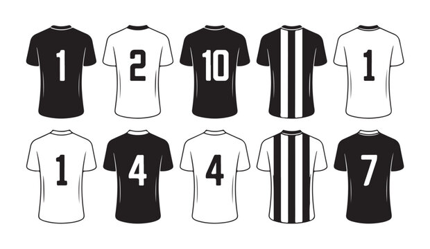 Set of black and white vector sport jersey icons with different numbers isolated on white.