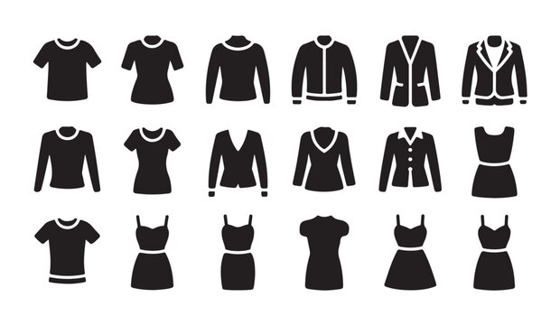 Woman fashion clothes vector icons set, simple elegant style, perfect for clothing stores.