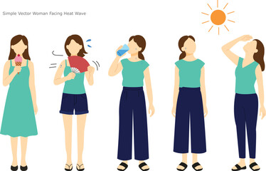 Obraz premium Collection of vector illustrations depicting a woman coping with summer heat, showcasing various ways to cool down and find relief from hot weather and high temperatures