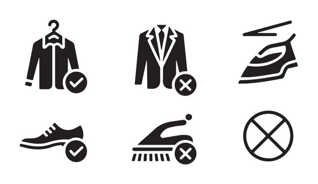 Set of clothing care instruction icons with garment checkmark and ironing prohibited sign.