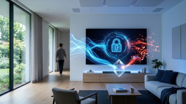 Modern living room displaying a digital cybersecurity lock screen on a large television concept of home network protection