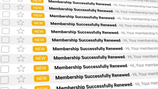 Membership Successfully Renewed Email Notification Animation. Ideal for subscription, loyalty, customer account, and business communication concepts.