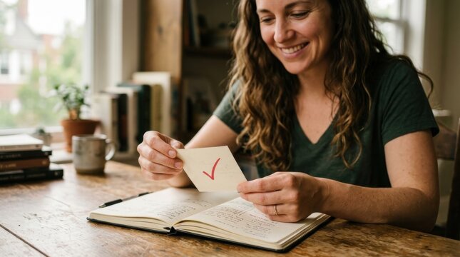 Woman reviewing to do list with checkmark planning tasks and organizing schedule at wooden desk indoors
