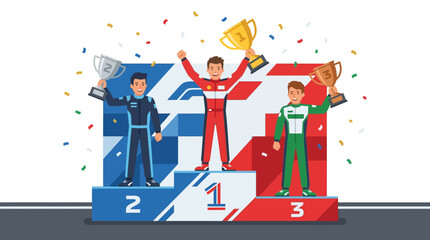 Three victorious race car drivers on podium celebrating awards with confetti, ideal for sports achievement or competition concept designs. © H-Studio