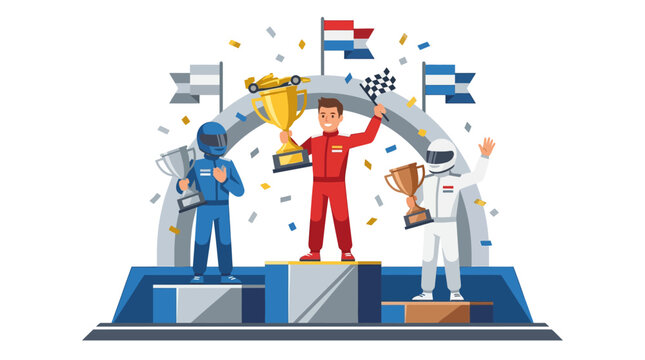 Three champion race car drivers celebrate podium victory with golden trophies and confetti. Ideal for sports events, victory celebrations, and race carthemed designs.