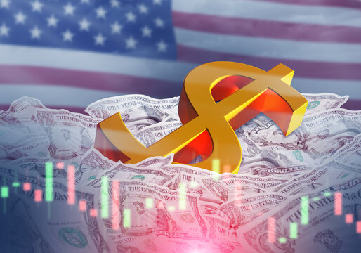 Financial market, dollar currency symbol on American money with stock chart and USA flag representing economy and investment concept 3D image