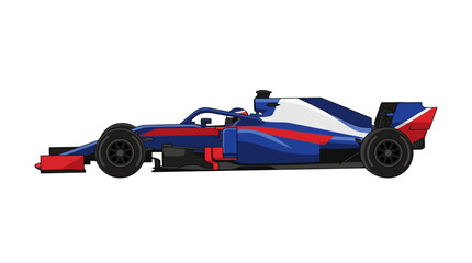 Blue, red, and white formula one racing car showcases speed and power in motor sports. Perfect for sports blogs and car enthusiast websites. © H-Studio
