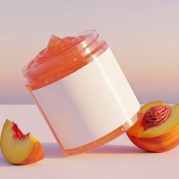 A mockup of a peach skincare product in a jar with slices on a clean surface for advertising.