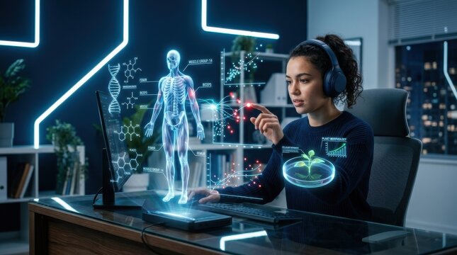 Female biomedical engineer analyzing human anatomy hologram with molecular structures and plant growth data