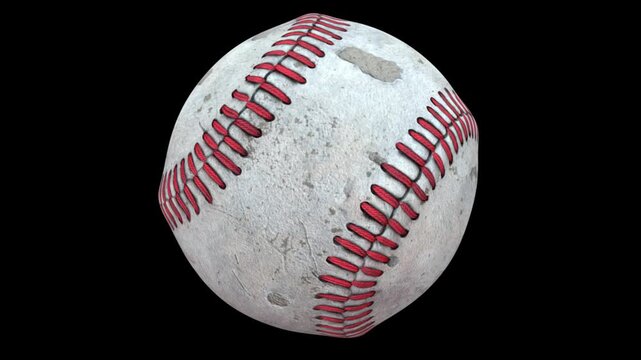 Baseball ball rotation loop with leather texture and red stitching spinning on clean studio background in 4K Ultra HD footage.
