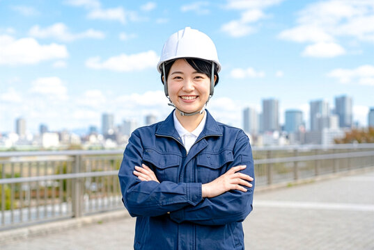 作業服とヘルメットを着用した笑顔で腕組みをする建設業で働く日本人女性現場監督、建設現場・土木業界の人物イメージ