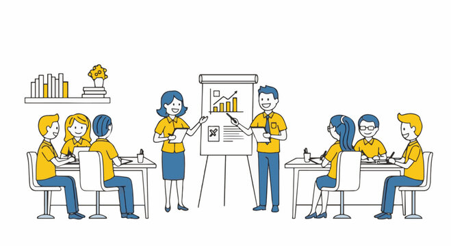 Doodle style vector illustration of a corporate team workshop with presenters explaining data graphs on a flipchart to colleagues seated at office desks for a business seminar.