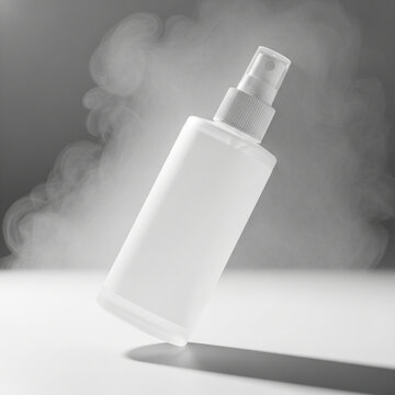 A mockup of a skincare product bottle with a spray nozzle is shown on a surface with smoke rising behind it in a studio.