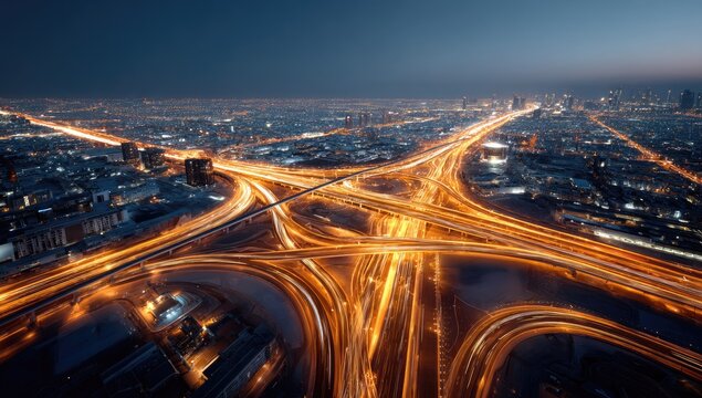 A sprawling city intersection at night, illuminated by the streaks of light