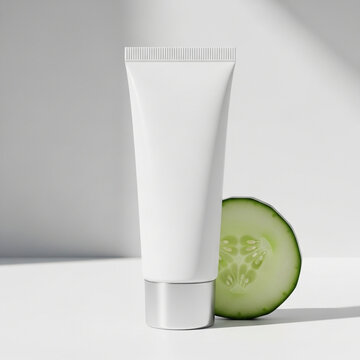 A skincare product mockup with cucumber on a clean white surface for a promotional display.