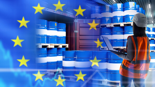 Chemical storage logistics inspection engineer manages barrel inventory in container warehouse using laptop under European trade compliance concept