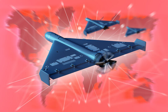 Military drone surveillance operations show unmanned combat aerial vehicles executing coordinated swarm missions over global network battlefield map
