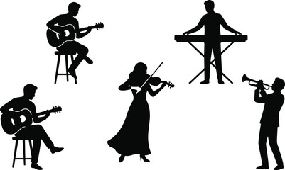 Musician silhouette collection, guitar violin keyboard and trumpet performers set, entertainment vector illustration design © LatifunNahar