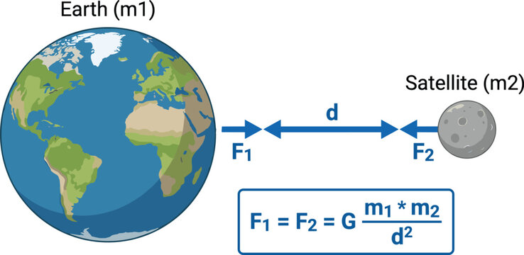 Newton gravitational force equation diagram, Earth satellite interaction physics illustration, universal gravitation education concept, editable vector learning template