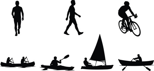 Outdoor recreation silhouette collection, walking cycling and boating activities set, vector illustration design © LatifunNahar