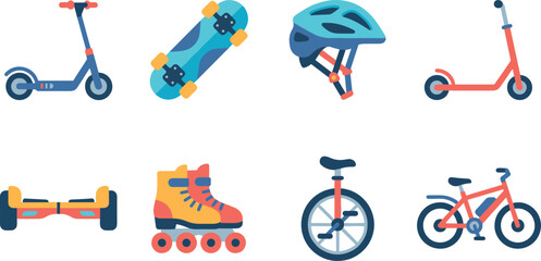 Personal transportation equipment collection illustration set, recreational mobility icons bundle, modern outdoor activity design © LatifunNahar