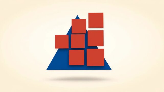 Abstract geometric composition featuring floating red squares and blue triangle, modern minimal isolated design, creative contemporary art with overlapping shapes, simple balanced playful style