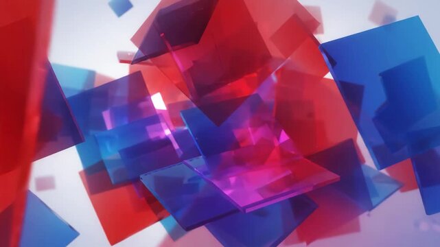 Abstract geometric transparent red blue glass square 3D floating modern digital art background with vibrant colorful overlapping shapes, minimalistic design, and dynamic visual composition