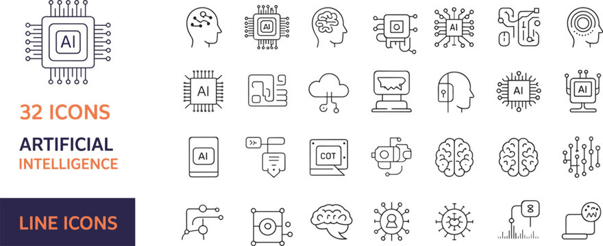 Artificial intelligence line icon set with AI chip, neural networks, robotics, automation, data science