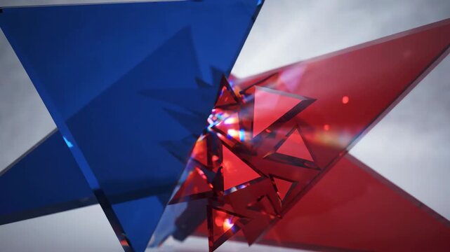Abstract geometric triangle blue red glass modern 3D reflective digital art with sharp edges, crystal sculpture, transparent material, vibrant color, dynamic composition, light reflection