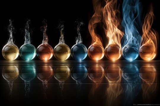 Row of glowing elemental orbs with water splashes and fire flames on a reflective dark surface
