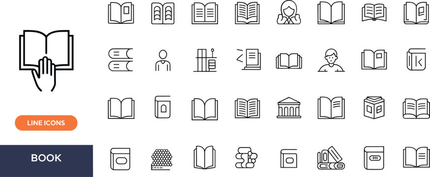 Book line icons set, reading, education, library, knowledge, study materials, literature, learning