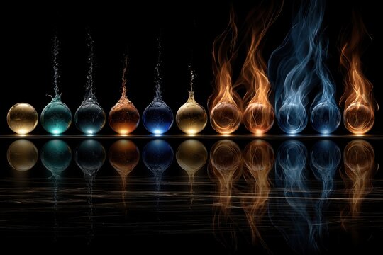 Sequential glowing elemental orbs with water streams and vivid flames on a reflective black surface