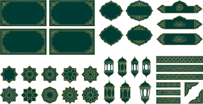 Decorative islamic art elements collection including frames lanterns and ornate borders in deep green and gold with religion ornament traditional invitation template background