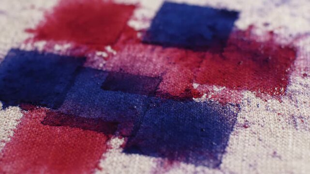 Abstract geometric red blue square canvas texture paint modern art creative pattern with ink stain fabric textile closeup blue liquid absorbent square texture messy macro and abstract painting canvas