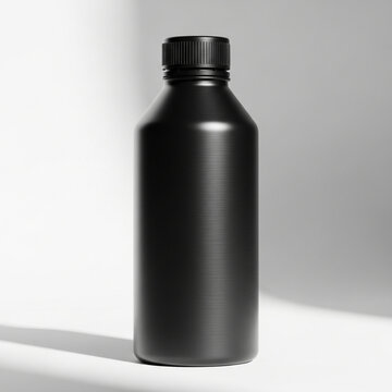 A black mockup bottle of skincare product stands on a white surface with a shadow.