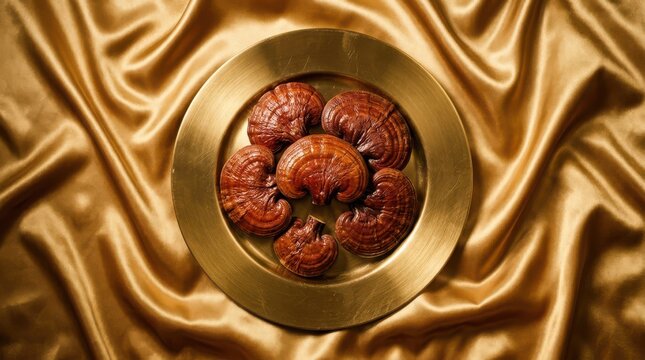 Dried reishi mushrooms arranged on a gold plate over a luxurious draped golden fabric background
