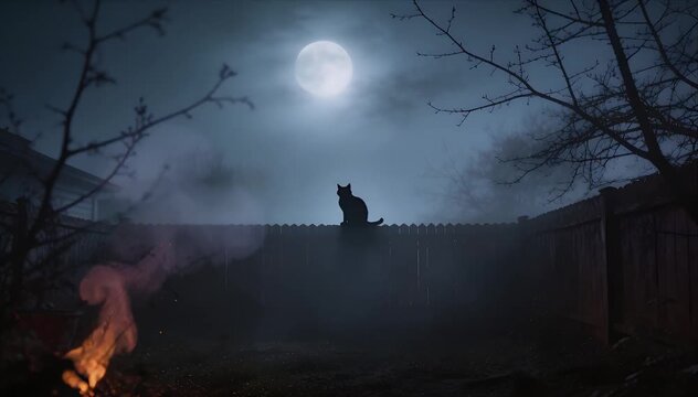 Moon night cat silhouette on backyard fence with fog under full moon, eerie horror background scene, misty moonlight, shadowy tree branch framing dark sky, quiet atmosphere and copy space