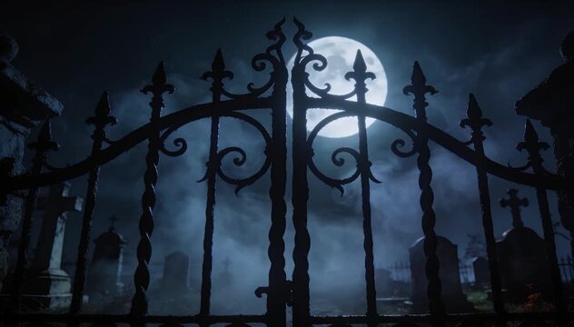 Horror background cemetery gate with wrought iron silhouette, gothic night fog under full moon, dark spooky graveyard mist and clouds behind iron fence creating eerie nocturnal atmosphere