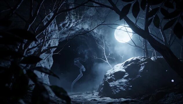 Horror background moonlight cave entrance mist forest night rock shadow, dark foggy tunnel with tree branch silhouette, eerie moonlit cavern scene with drifting mist and deep shadows