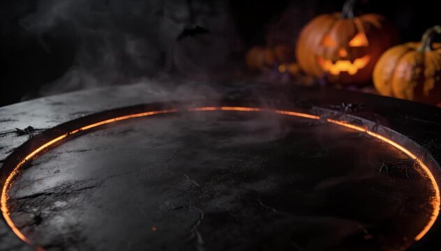 Horror background with pumpkin jack o lantern, smoke, dark glowing ring and circle light black stone surface spooky Halloween ritual fire concept with eerie smoky atmosphere for design and party video