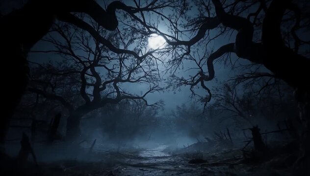 Horror background moonlight forest fog night silhouette tree branch spooky misty eerie woodland path full moon with twisted branches drifting fog, haunted forest landscape shadowy mystery and dark sky