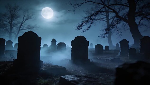 Moonlit graveyard cemetery night with fog and tombstone silhouettes under full moon, spooky horror background of eerie mist drifting through gothic graveyard, cold Halloween atmosphere